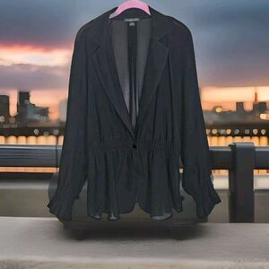 Vintage August SILK Sheer Blouse Blazer Womems XL Black Ruched Cuffs Button